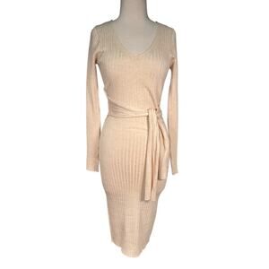 Fashion Nova Ribbed Sweater Dress Oatmeal Bodycon Midi Belted Neutral Size M NWT